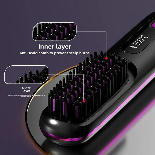 Wireless Hair Straightening Brush – Portable Ionic Comb for Smooth Styling
