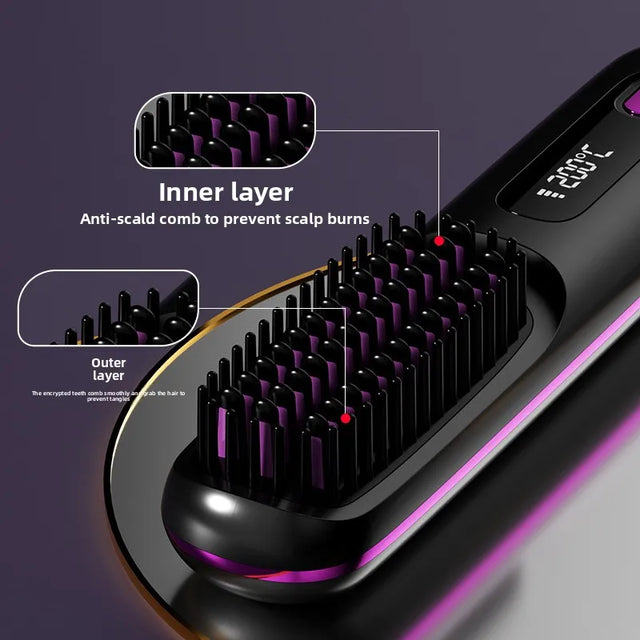 Wireless Hair Straightening Brush – Portable Ionic Comb for Smooth Styling