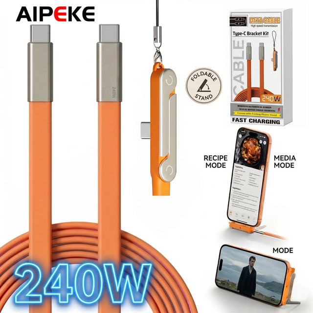 240W USB-C Fast Charging Cable with Foldable Phone Stand